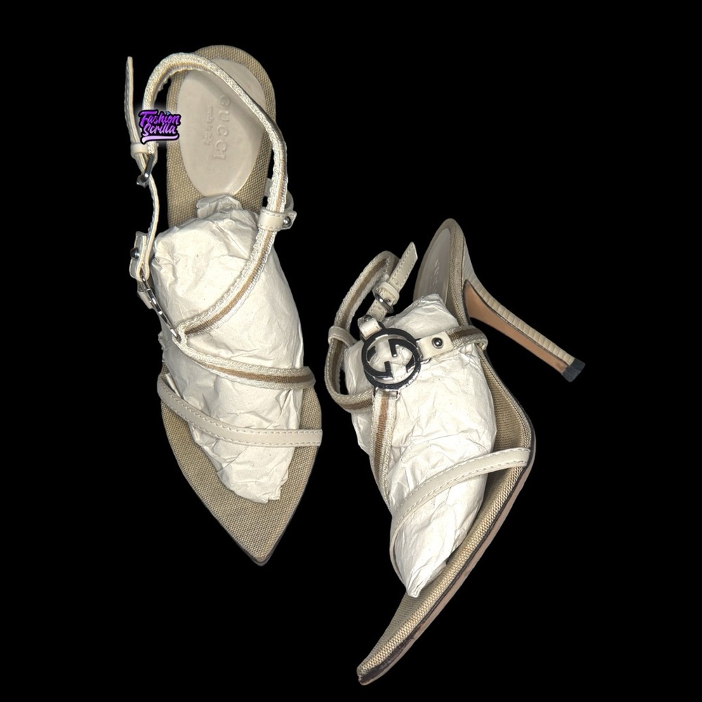 Tom Ford Gucci Brit Strappy Y2K Pointed Toe Stiletto Heel Beige Tan silver Logo - Picture 3 of 14